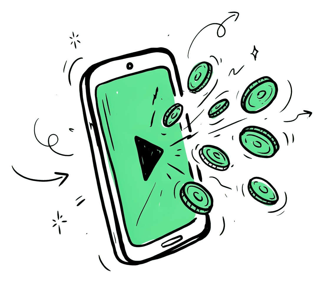 A phone playing a video with coins bursting out of the screen